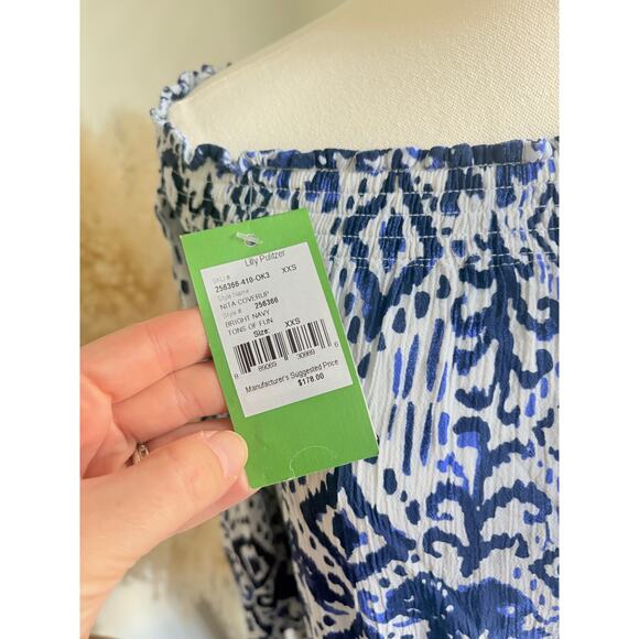 NWT Lilly Pulitzer Nita Off Shoulder Cover Up Dress Womens XXS Blue White - Picture 8 of 8